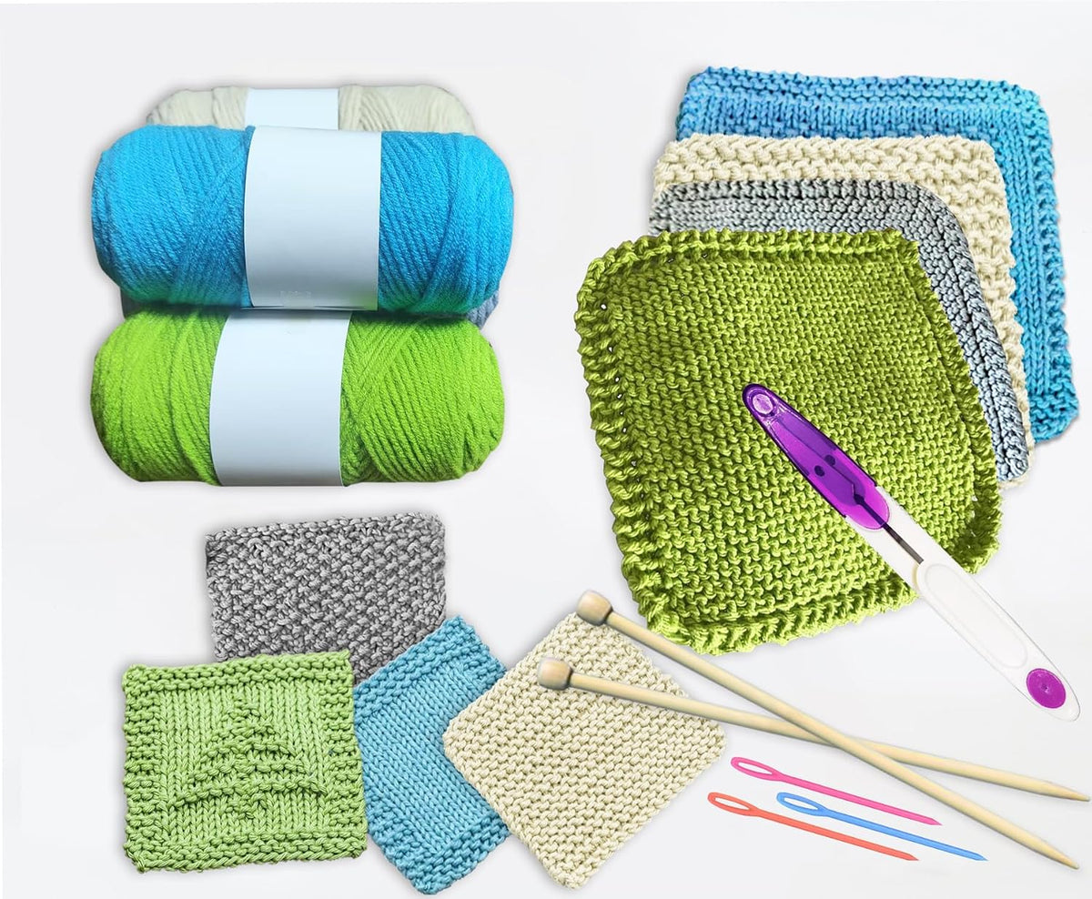 Beginner Knitting Kit for Adults - Makes 4 dishcloths and 4 coasters, all-in-one beginner knitting kit with cotton yarn, bamboo needles and 8 patterns, a handmade gift for DIY craft lovers