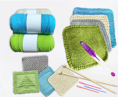 Beginner Knitting Kit for Adults - Makes 4 dishcloths and 4 coasters, all-in-one beginner knitting kit with cotton yarn, bamboo needles and 8 patterns, a handmade gift for DIY craft lovers