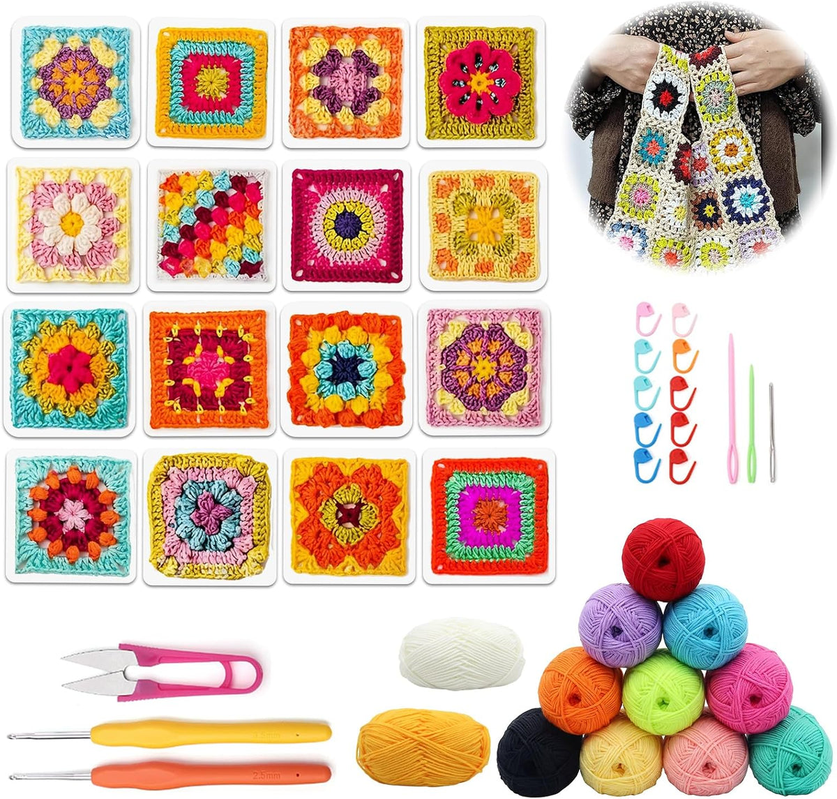 Beginner Crochet Kit for Adults and Kids 2 Piece - Soft Handled Crochet Hook, 12 Shades of Yarn, 50 Crochet Pattern Practice Cards, DIY Knitting and Crochet Starter Kit for Beginners