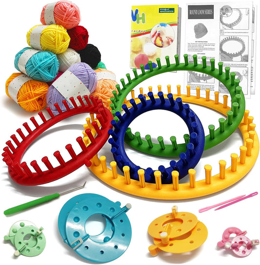 Loom Knitting Kit (With Yarn), 23-Piece Beginner Circular Knitting Loom Kit (Includes Instructions and Pom Pom Maker), Quick and Easy Hat Knitting Loom Kit/Scarf Loom Knitting Kit (Family Friendly)