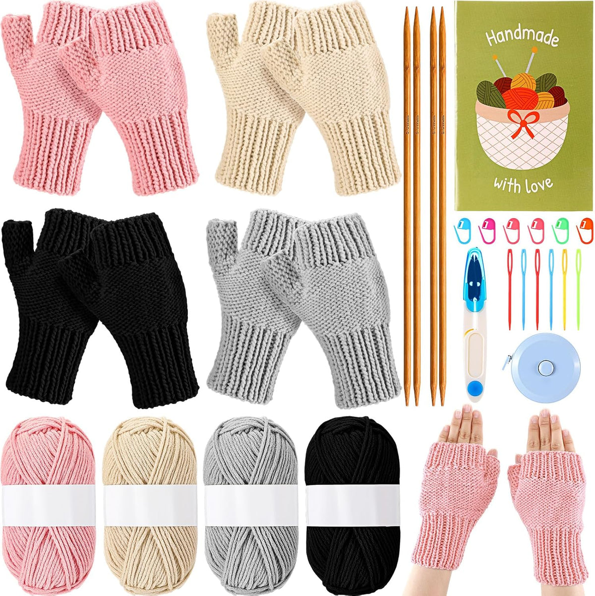 4 Pairs for Beginners Adults Learning to Knit Gloves Hats Scarves Complete Knitting Crochet Starter Kit with Yarn Needle Stitch Markers Guided Craft DIY Gifts for Women Men Winter