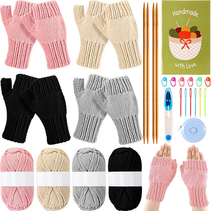 4 Pairs for Beginners Adults Learning to Knit Gloves Hats Scarves Complete Knitting Crochet Starter Kit with Yarn Needle Stitch Markers Guided Craft DIY Gifts for Women Men Winter