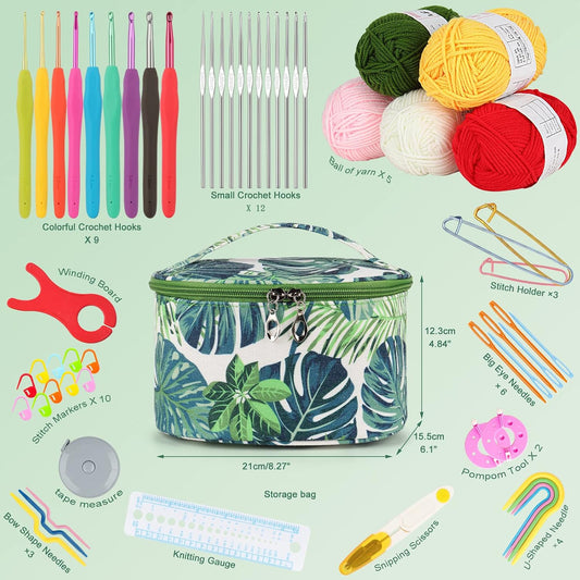 Crochet Kit with Yarn for Beginners, Learn to Crochet Kit Including Crochet Supplies DIY Tools, Crochet Kit for Adults and Kids with Portable Greenery Bag