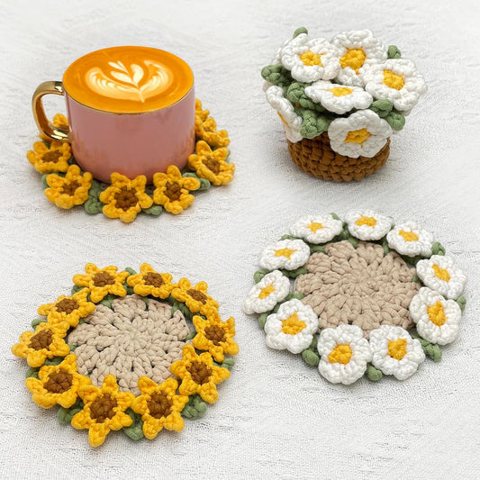 Beginner Crochet Kit, Learn to Crochet Flower Coaster Kit, Includes Video Tutorial and Manual, Easy Knitting Yarn for Adults, DIY Holiday Birthday Gift Ideas (Sunflowers and Daisies)