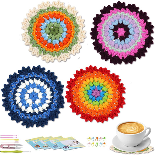 Beginner Crochet Kit, 4-Pack Coaster Crochet Starter Kit with Instructions and Video Tutorial, Easy to Learn Adult Crochet Kit, Knitting Kit for Beginners DIY Crafts