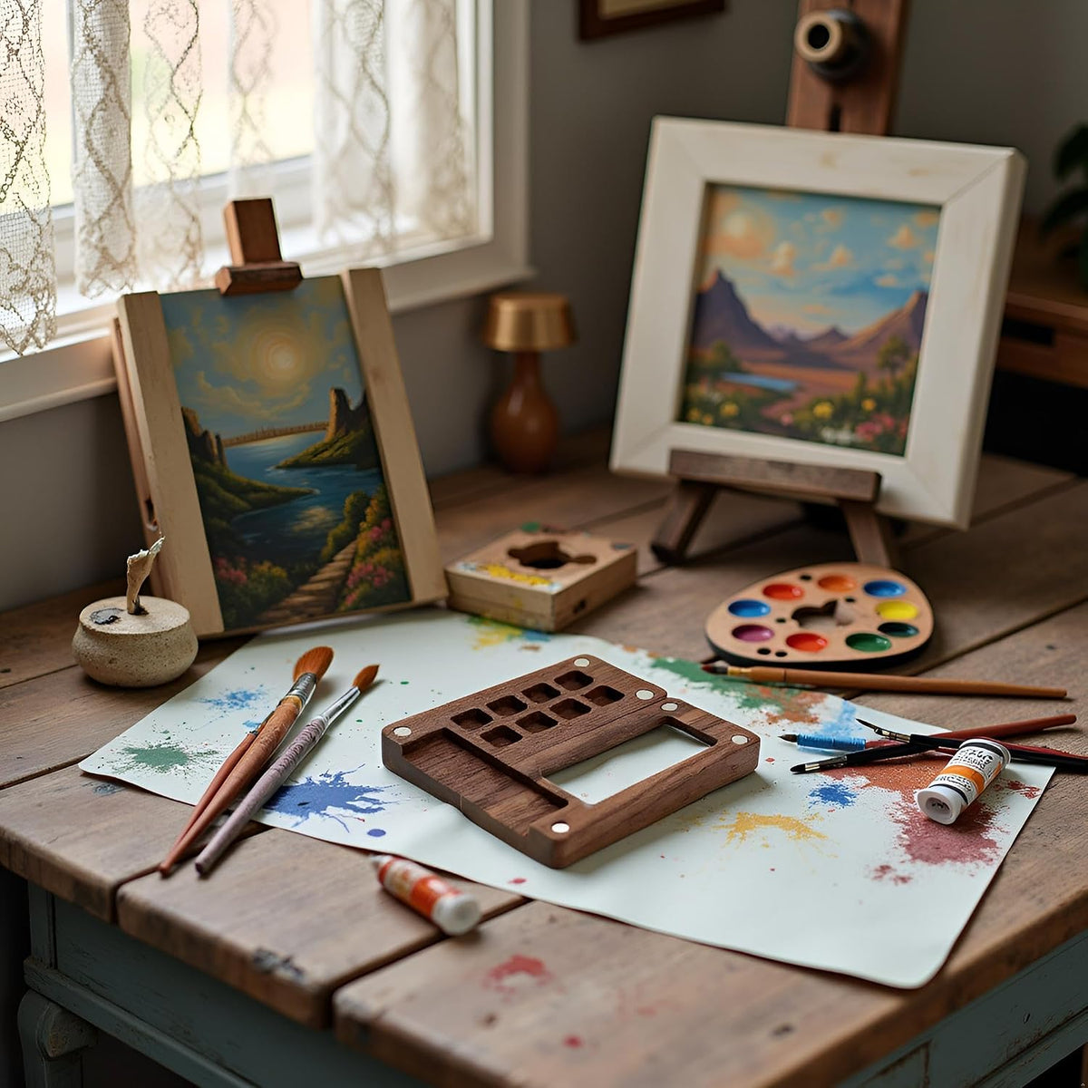 Brown Wooden Handmade Watercolor Paint Box, Portable Sketchbook Palette Colour Mixing Palette Box,Travel Paint Tray Box, Water Color, Acrylic Paint Mini Black Paint Palette Empty Box Gift Palettes