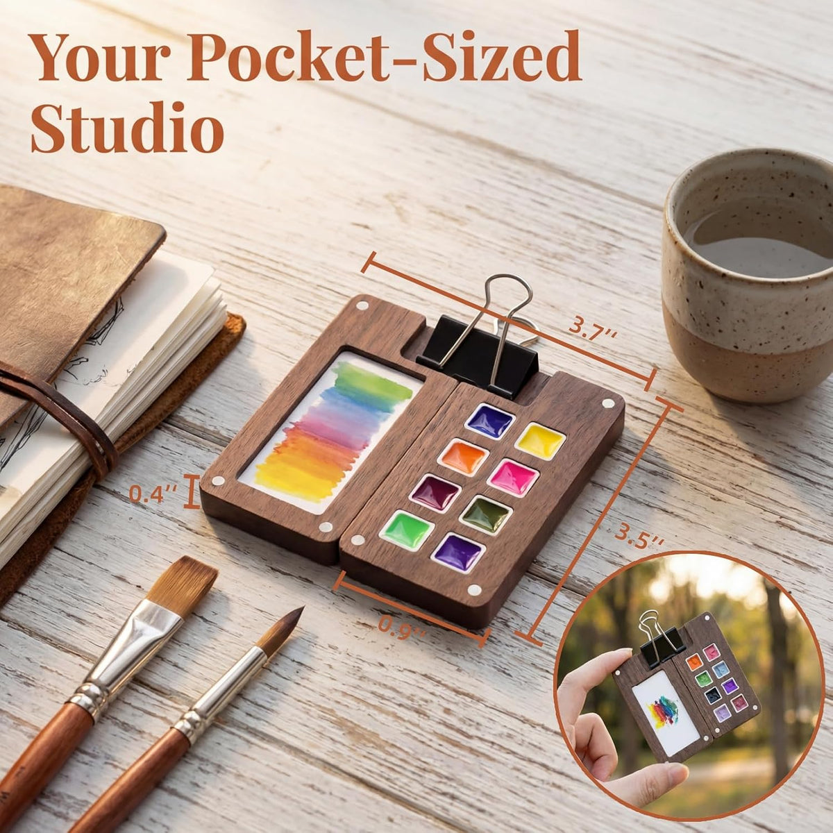 Set of 2 Mini Wood Watercolor Palette, Portable, 8 Grid | Sketchbook Paint Palette with Clips, Pocket Travel Watercolor Kit, Mixing Tray Box for Artists Beginners Painters Students