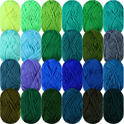 24 Strings of Acrylic Yarn - 24 x 25 Grams, 2400 Yard Crochet Yarn Kit for Crochet and Knitting Craft Projects, Assorted Starter Kit for Adults and Kids (Green Shades)