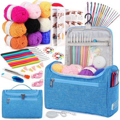 Crochet Kits for Beginners, Young and Old, First Adult Crochet Kit Includes 23 Piece Crochet Hooks, 655 Yards of Yarn Set, Instructions, Bag, Crochet Accessories and Supplies, Blue